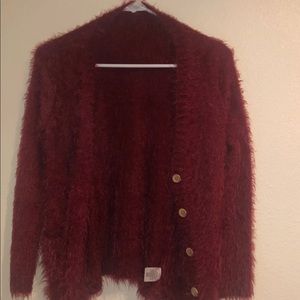 Red Fluffy Button Up Jacket